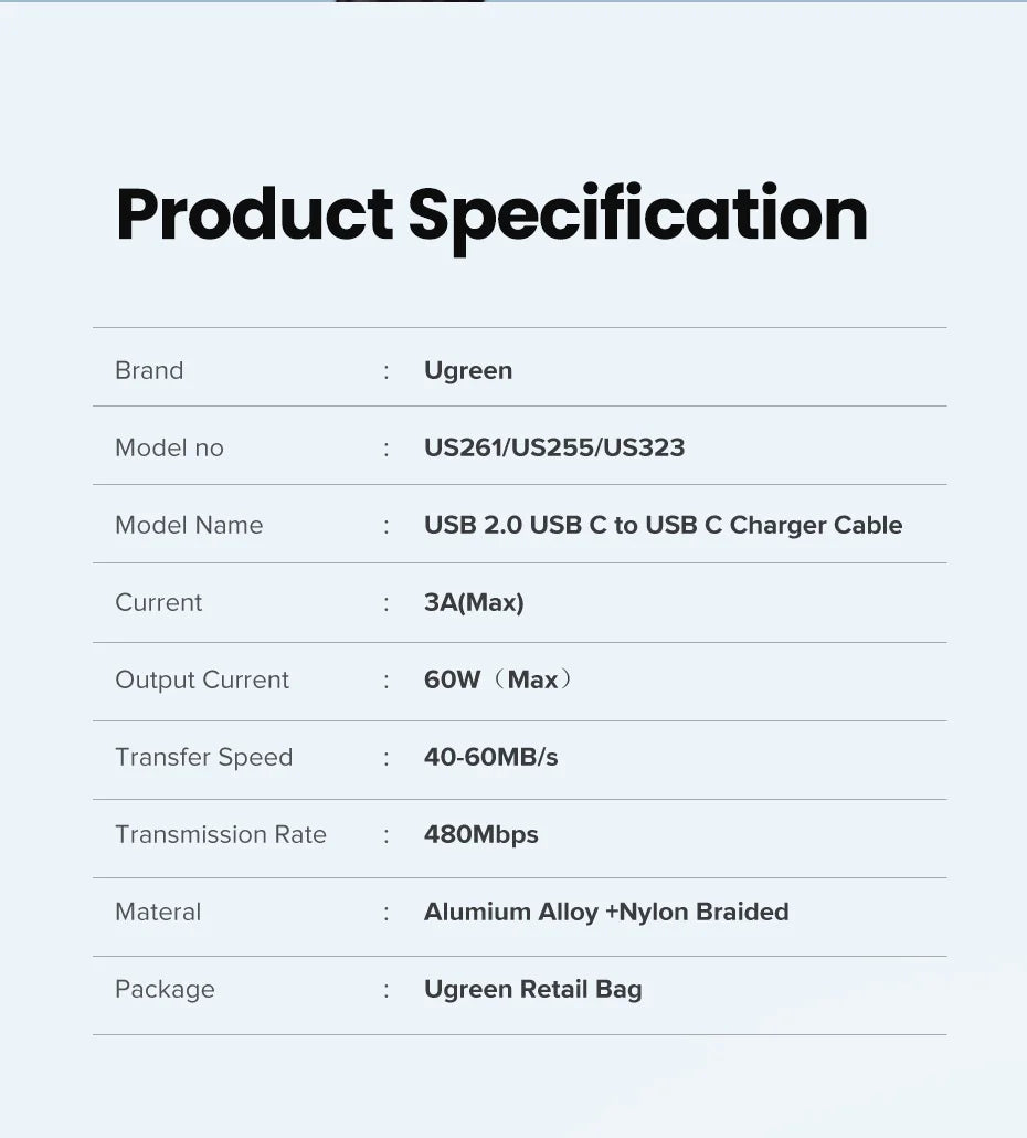 Câble Chargeur USB-C PD 60W UGREEN