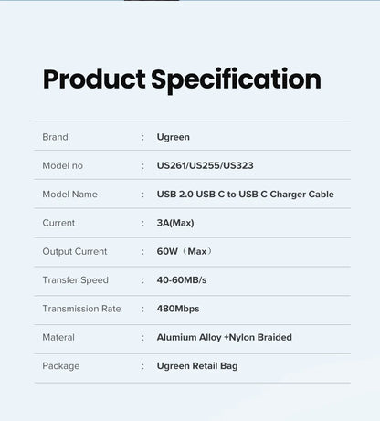 Câble Chargeur USB-C PD 60W UGREEN