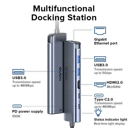 Station d'Accueil USB-C 6-en-1 Llano avec HDMI 4K/60Hz, Chargement PD 100W et Réseau Gigabit