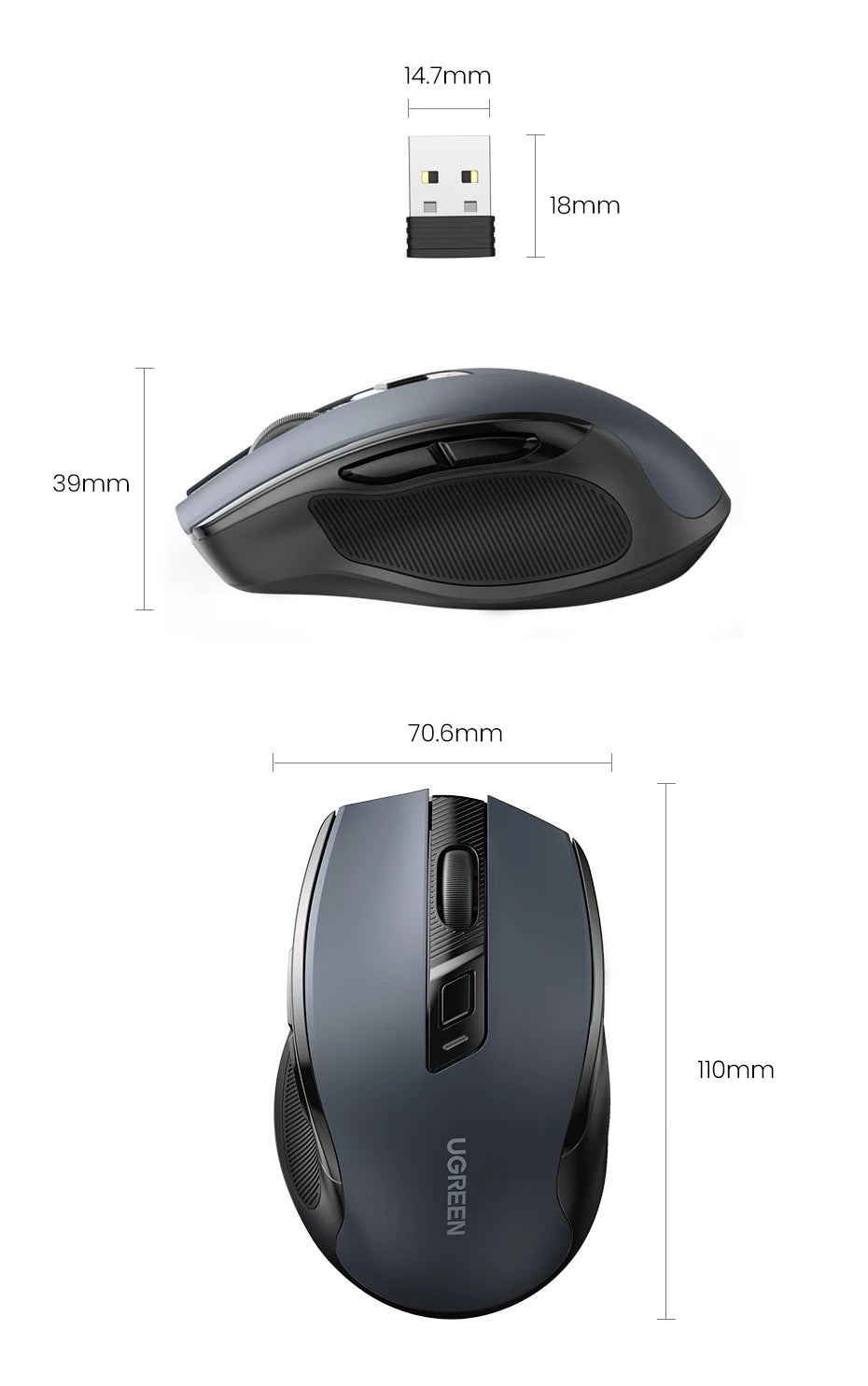 Souris sans fil UGREEN 2.4G, 4000 DPI, 6 boutons silencieux