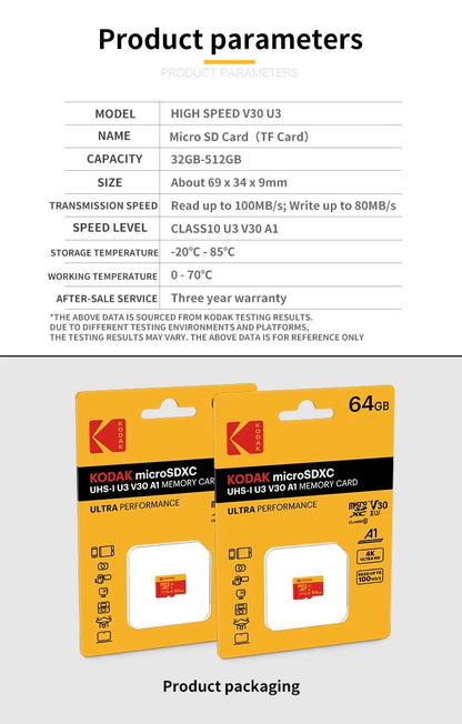 KODAK - Carte Micro SD/SDHC/SDXC C10 A1 TF, 32/64 Go, Mémoire Flash Haute Vitesse