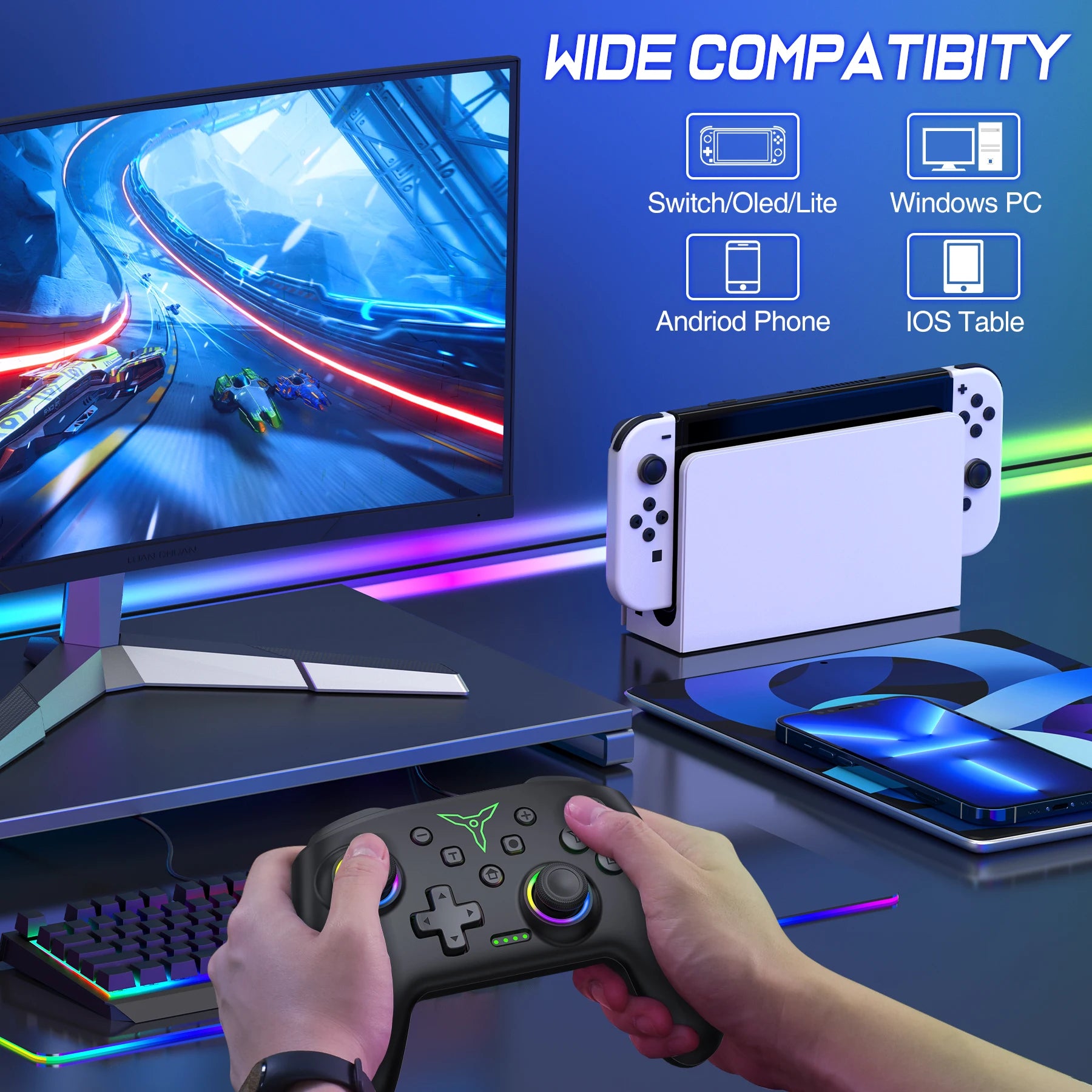 BEBONCOOL Advocate - Manette sans fil Switch Pro avec double vibration et Joysticks RGB.