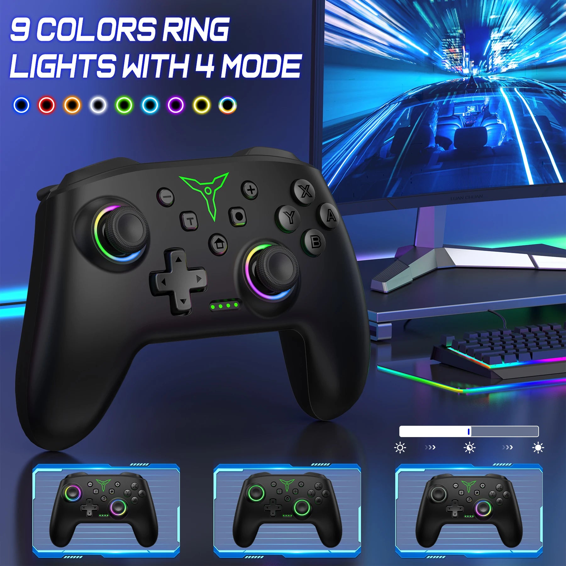 BEBONCOOL Advocate - Manette sans fil Switch Pro avec double vibration et Joysticks RGB.